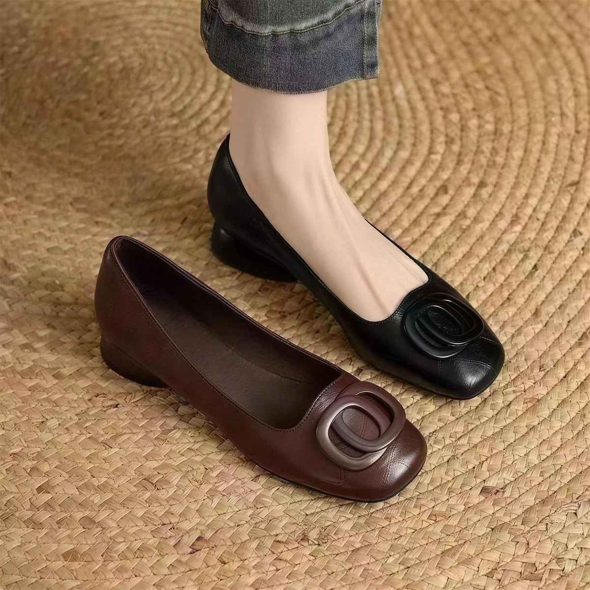 Colette square-toe flats in Brown and Black, worn