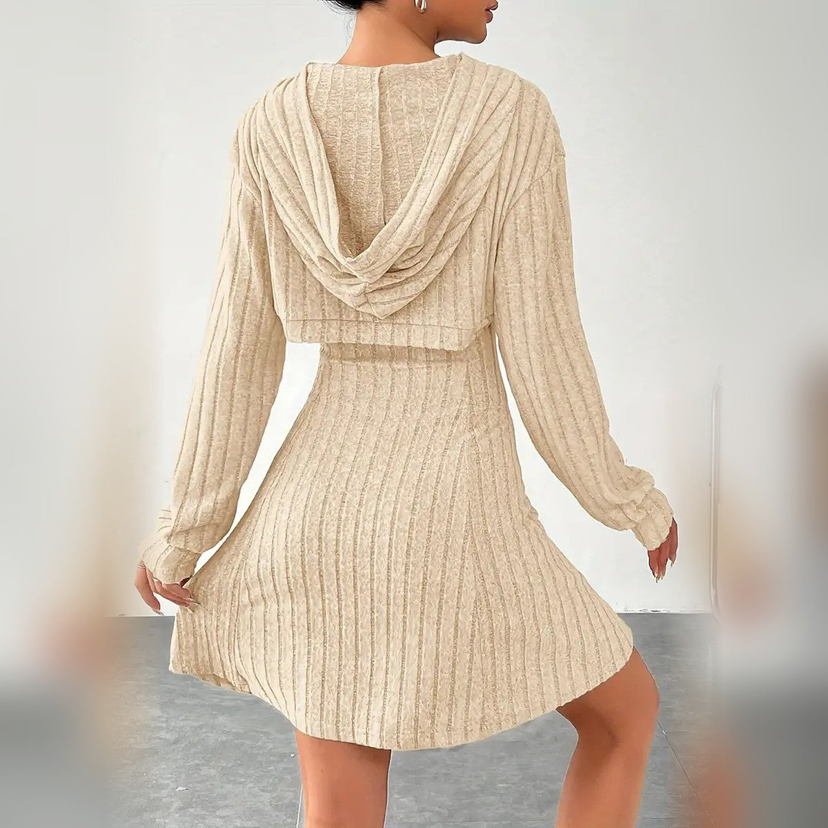 Delphine hooded bolero and mini dress set in Apricot, back view
