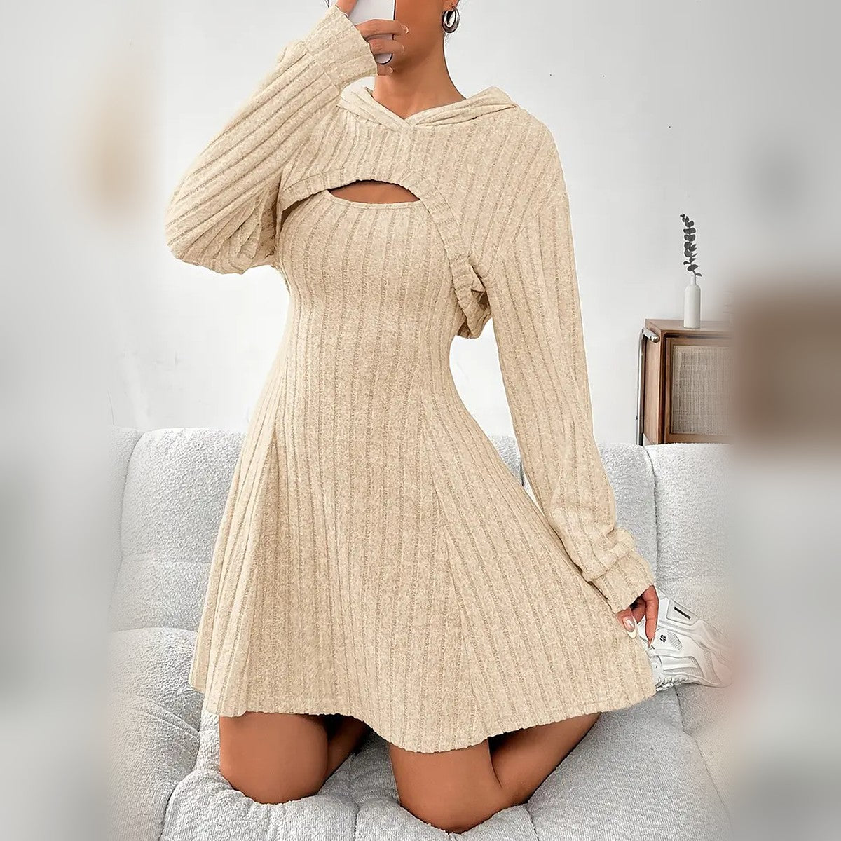 Delphine hooded bolero and mini dress set in Apricot