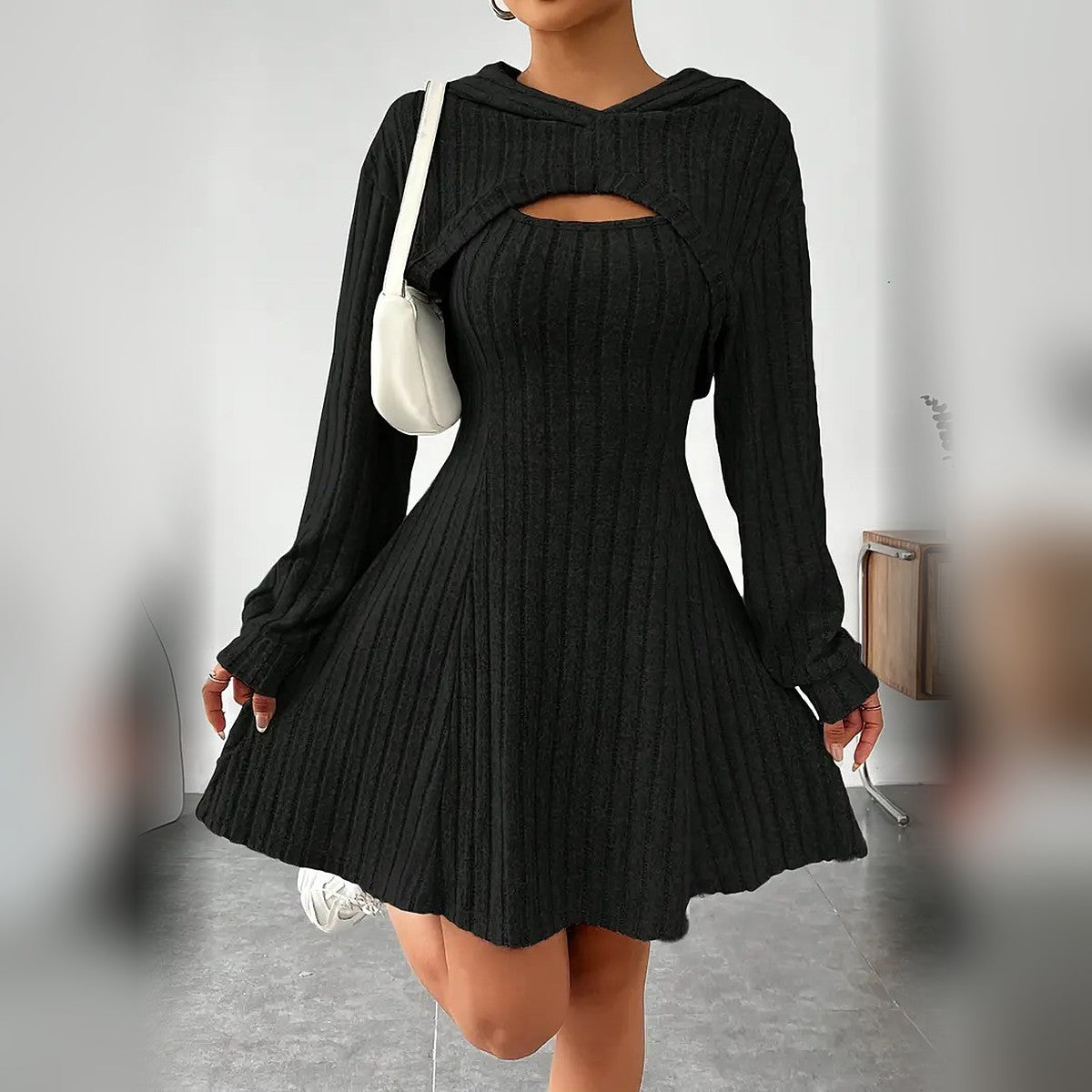 Delphine hooded bolero and mini dress set in Black