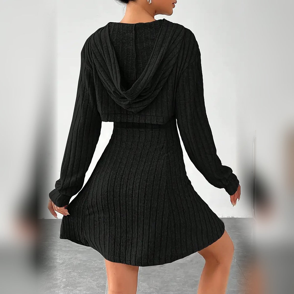 Delphine hooded bolero and mini dress set in Black, back view