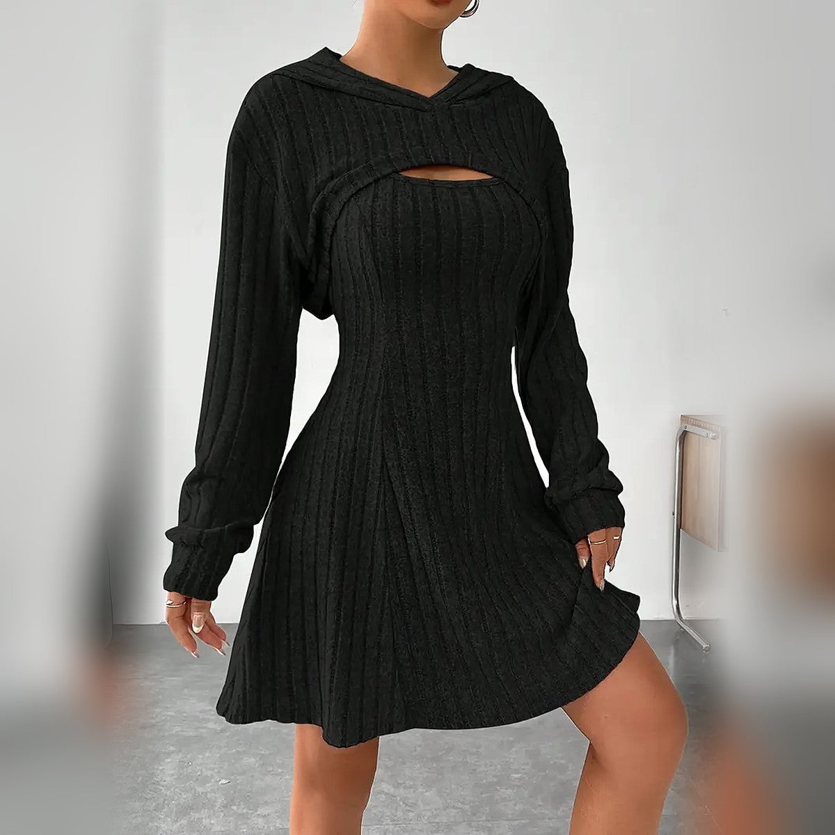 Delphine hooded bolero and mini dress set in Black