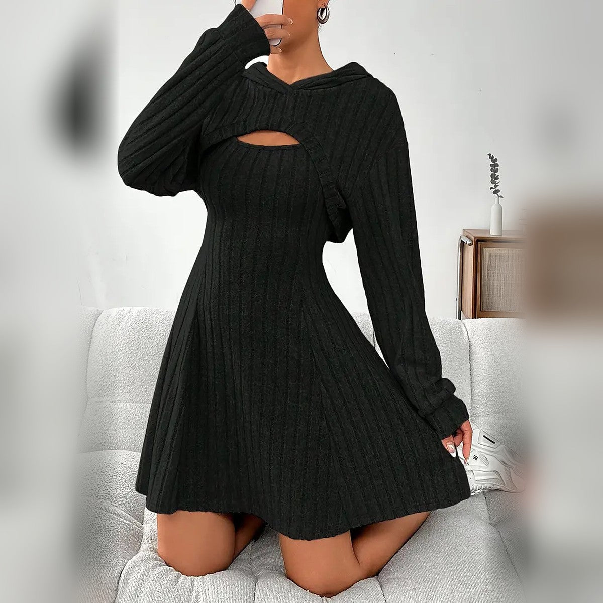 Delphine hooded bolero and mini dress set in Black