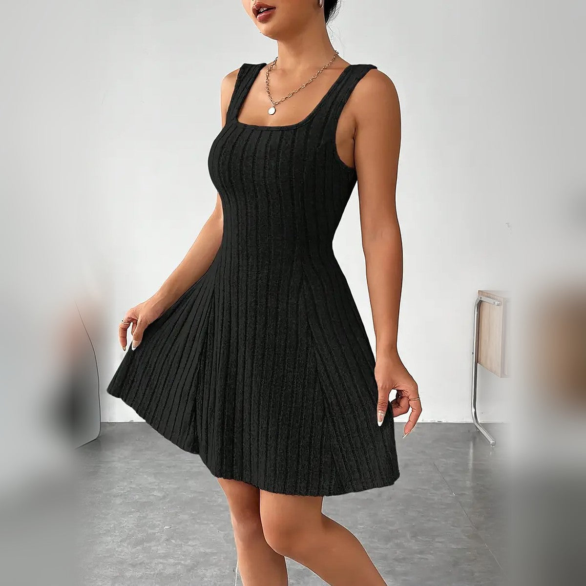 Delphine ribbed mini dress in Black