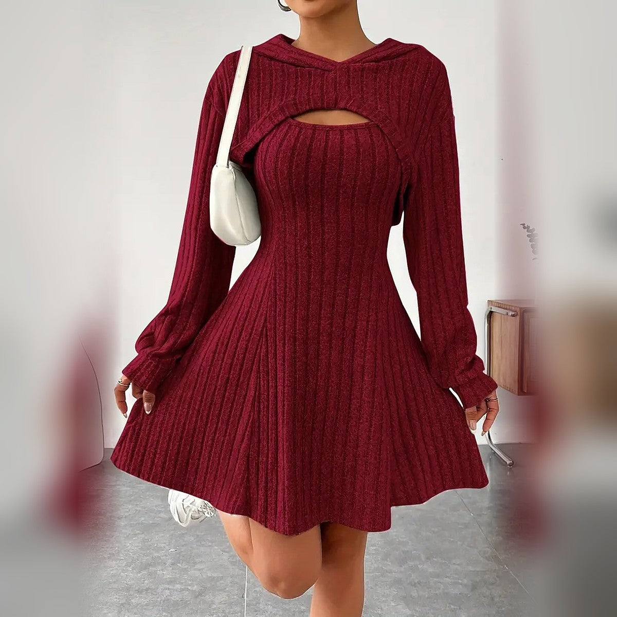 Delphine hooded bolero and mini dress set in Burgundy