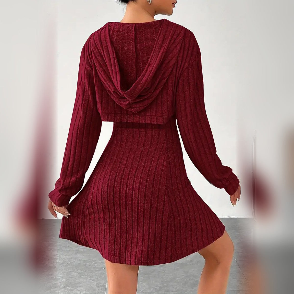 Delphine hooded bolero and mini dress set in Burgundy, back view