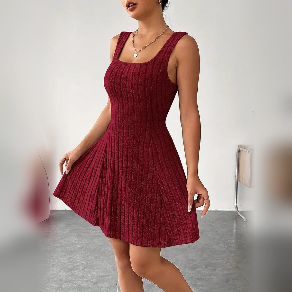 Delphine ribbed mini dress in Burgundy