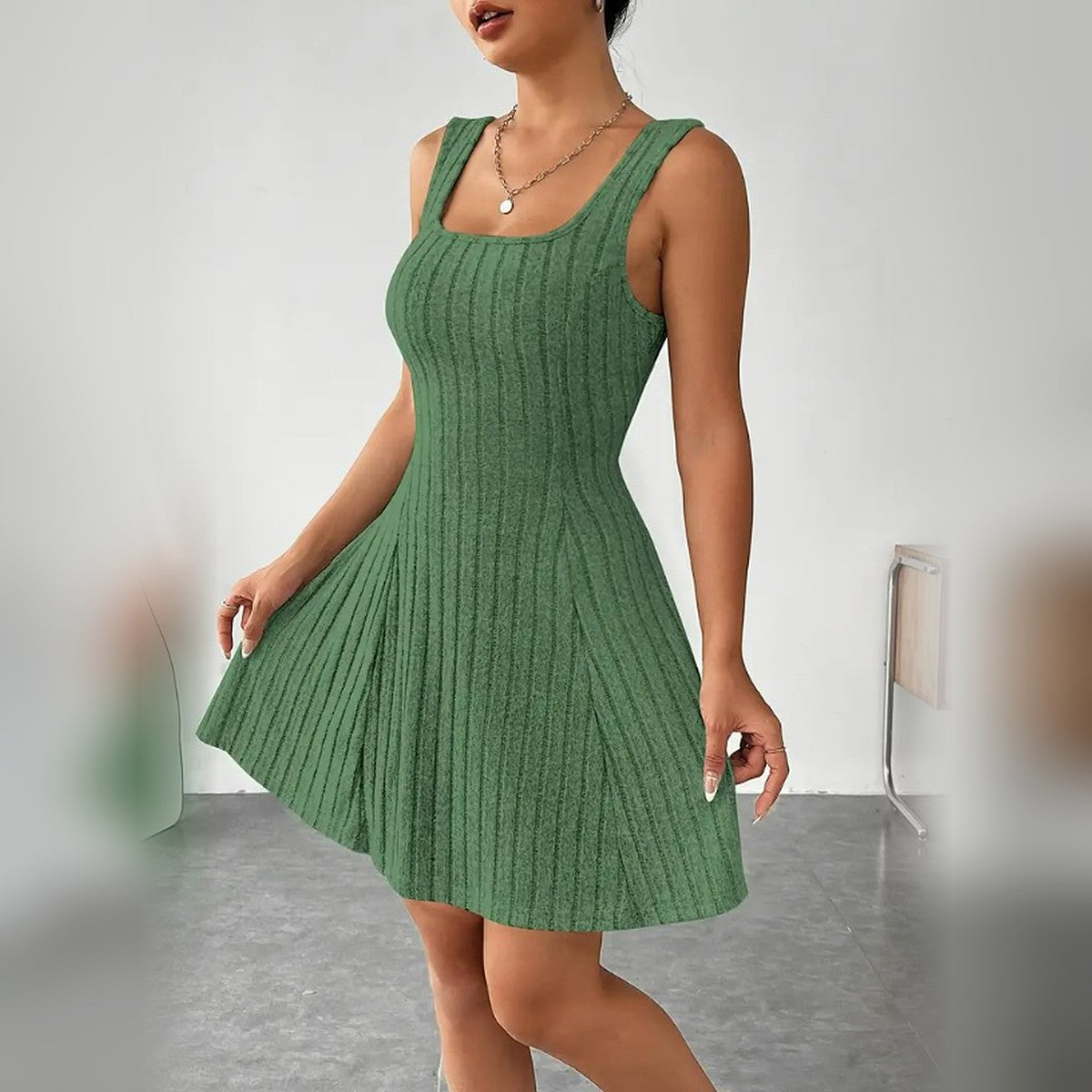 Delphine ribbed mini dress in Green