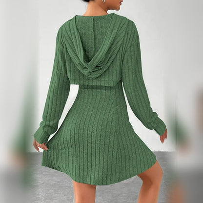 Delphine hooded bolero and mini dress set in Green, back view