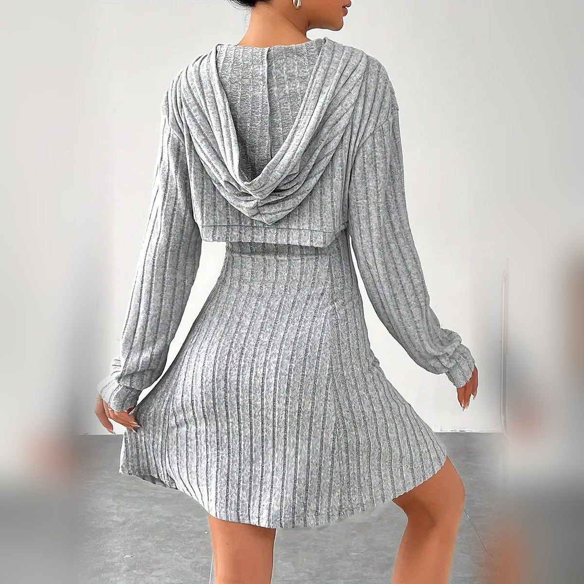 Delphine hooded bolero and mini dress set in Grey, back view