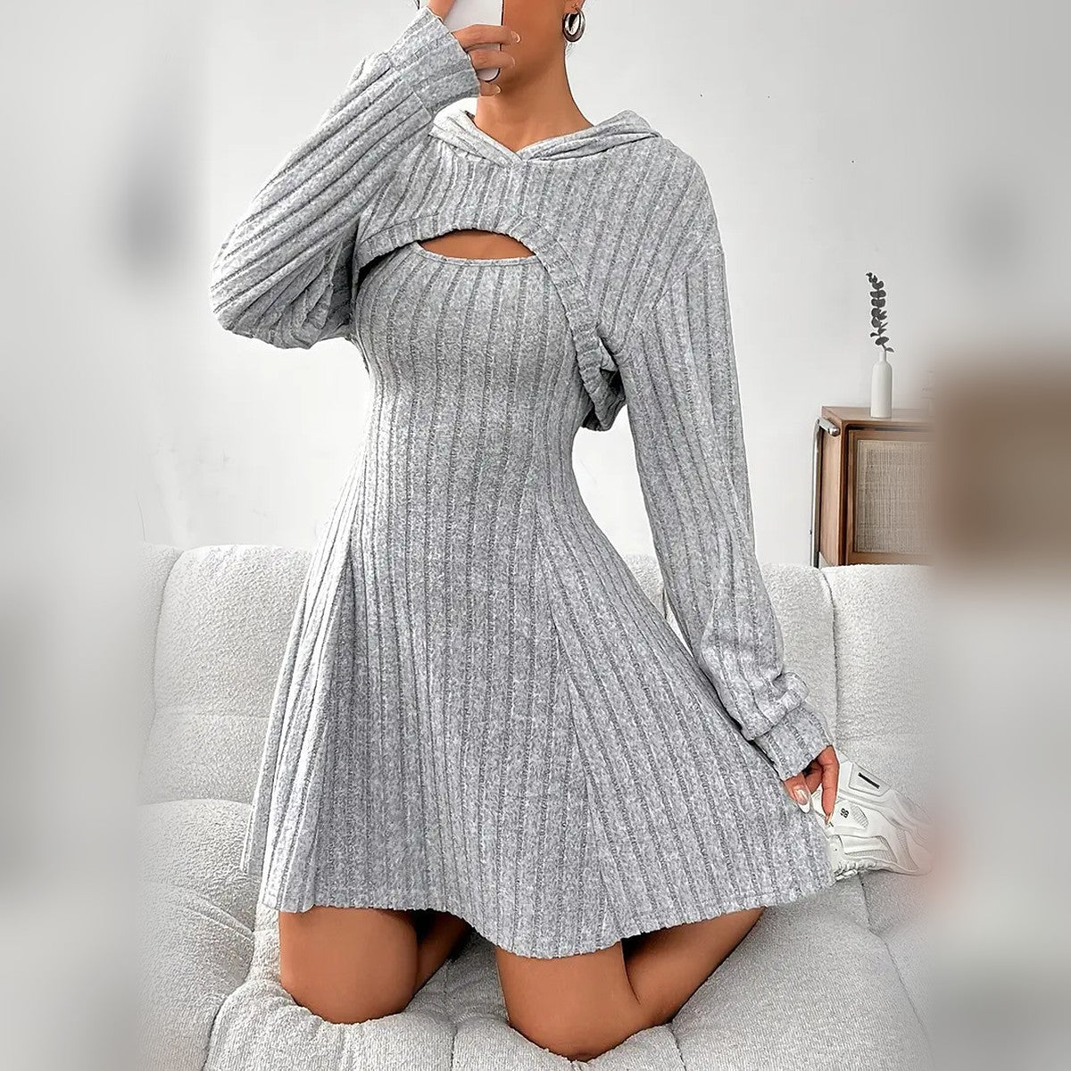 Delphine hooded bolero and mini dress set in Grey