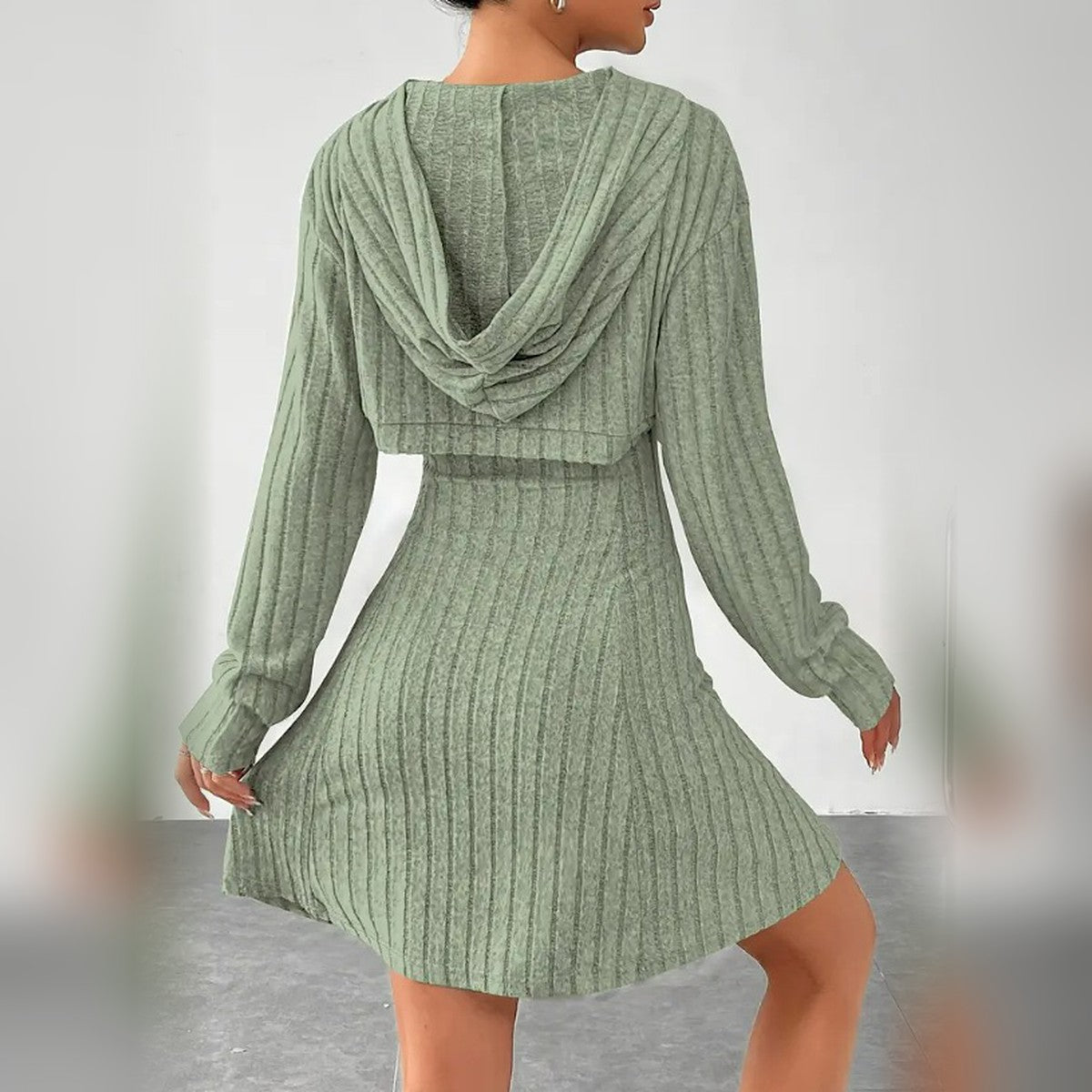 Delphine hooded bolero and mini dress set in Light Green, back view