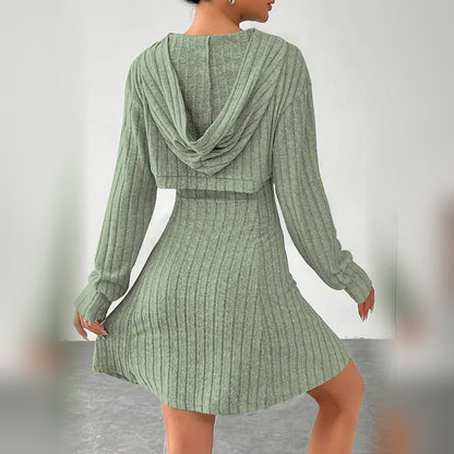 Delphine hooded bolero and mini dress set in Light Green, back view