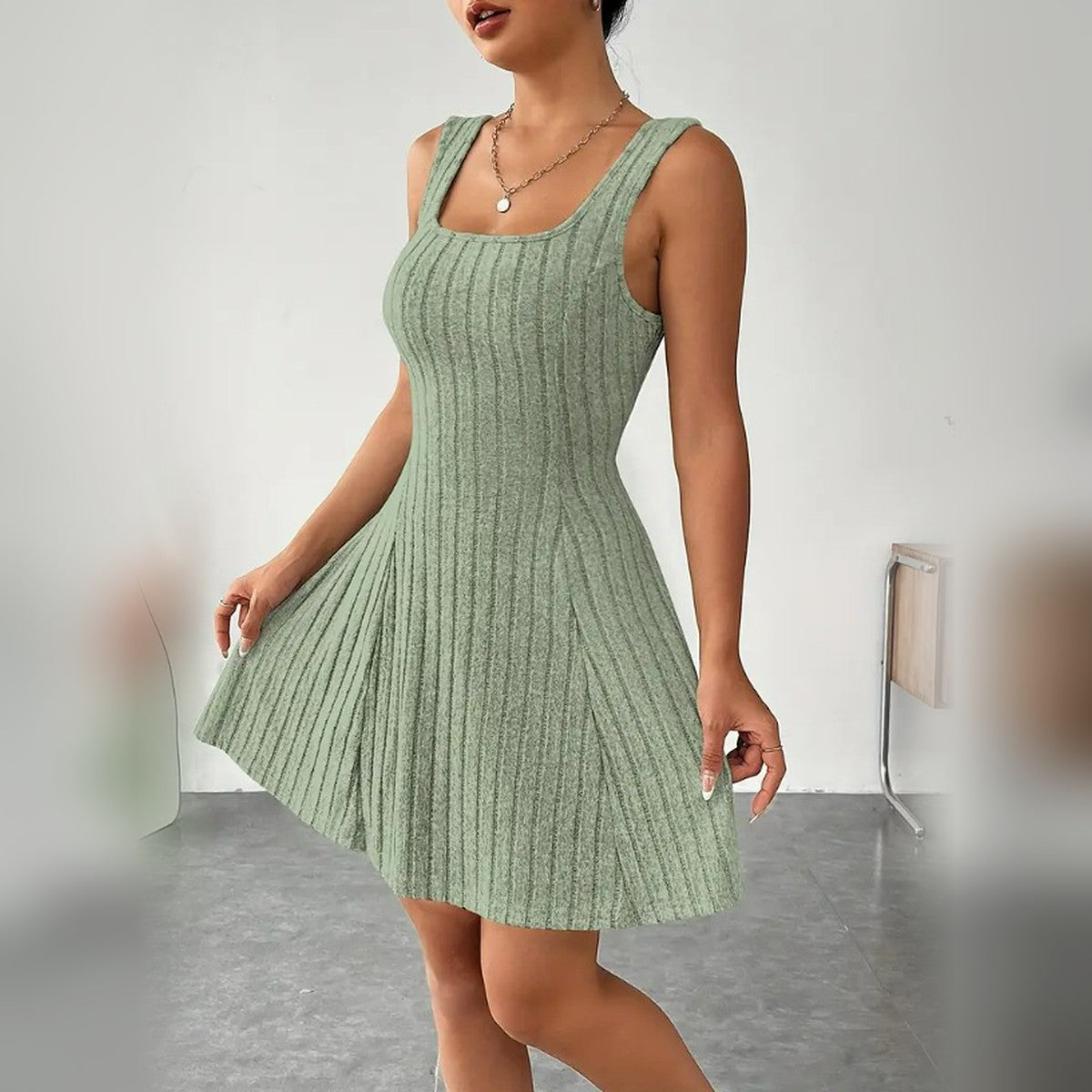 Delphine ribbed mini dress in Light Green