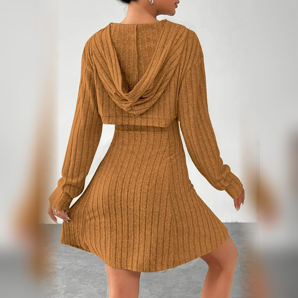 Delphine hooded bolero and mini dress set in Yellow, back view