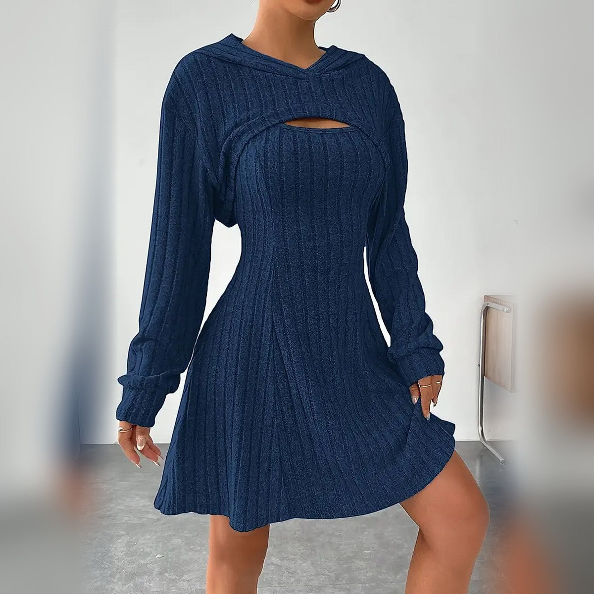 Delphine hooded bolero and mini dress set in Navy Blue