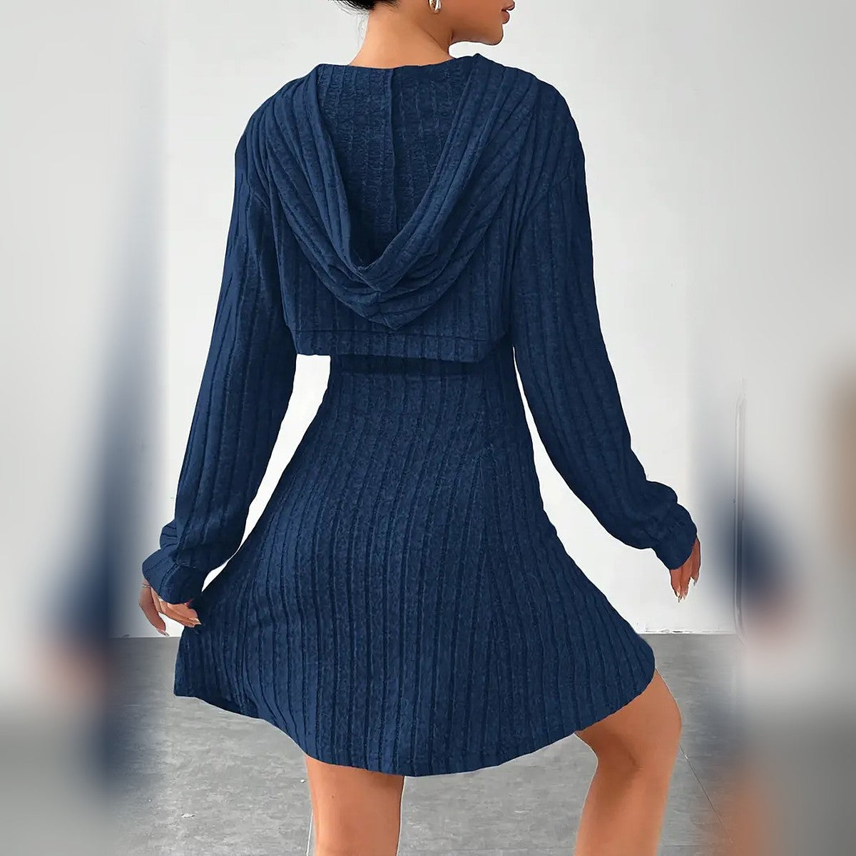 Delphine hooded bolero and mini dress set in Navy Blue, back view