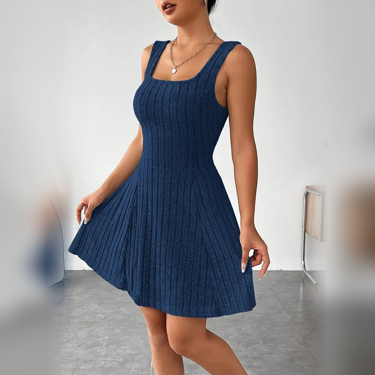 Delphine ribbed mini dress in Navy Blue