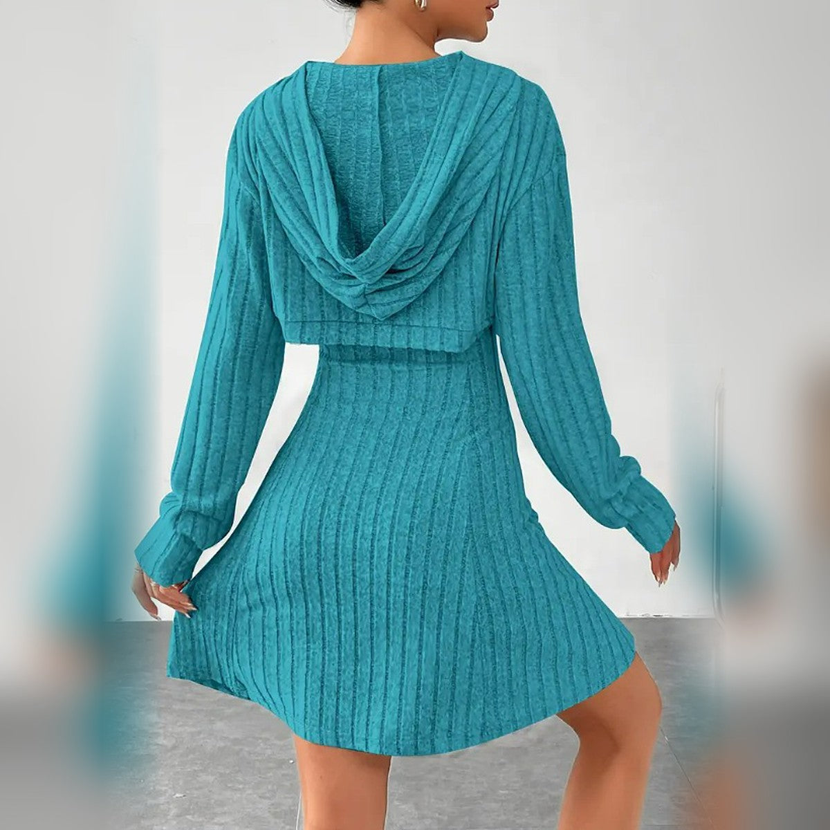 Delphine hooded bolero and mini dress set in Blue, back view