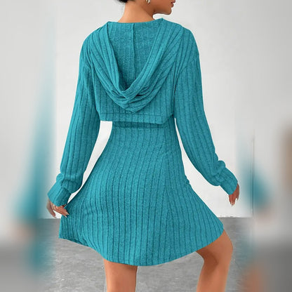 Delphine hooded bolero and mini dress set in Blue, back view
