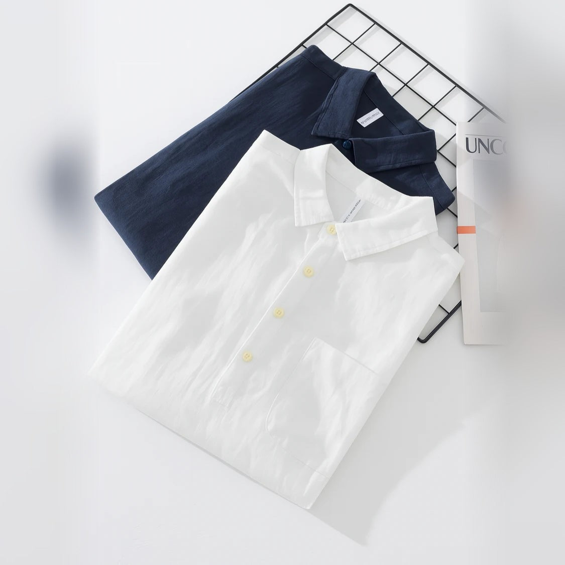 Evrey Collar Shirt in blue and white, flat lay
