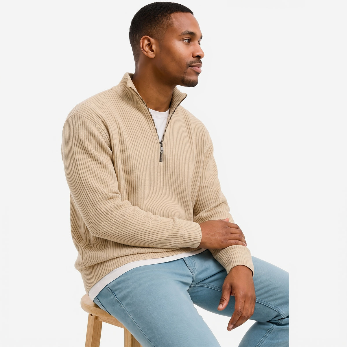 Evrey ribbed half-zip jumper in Beige, worn by model