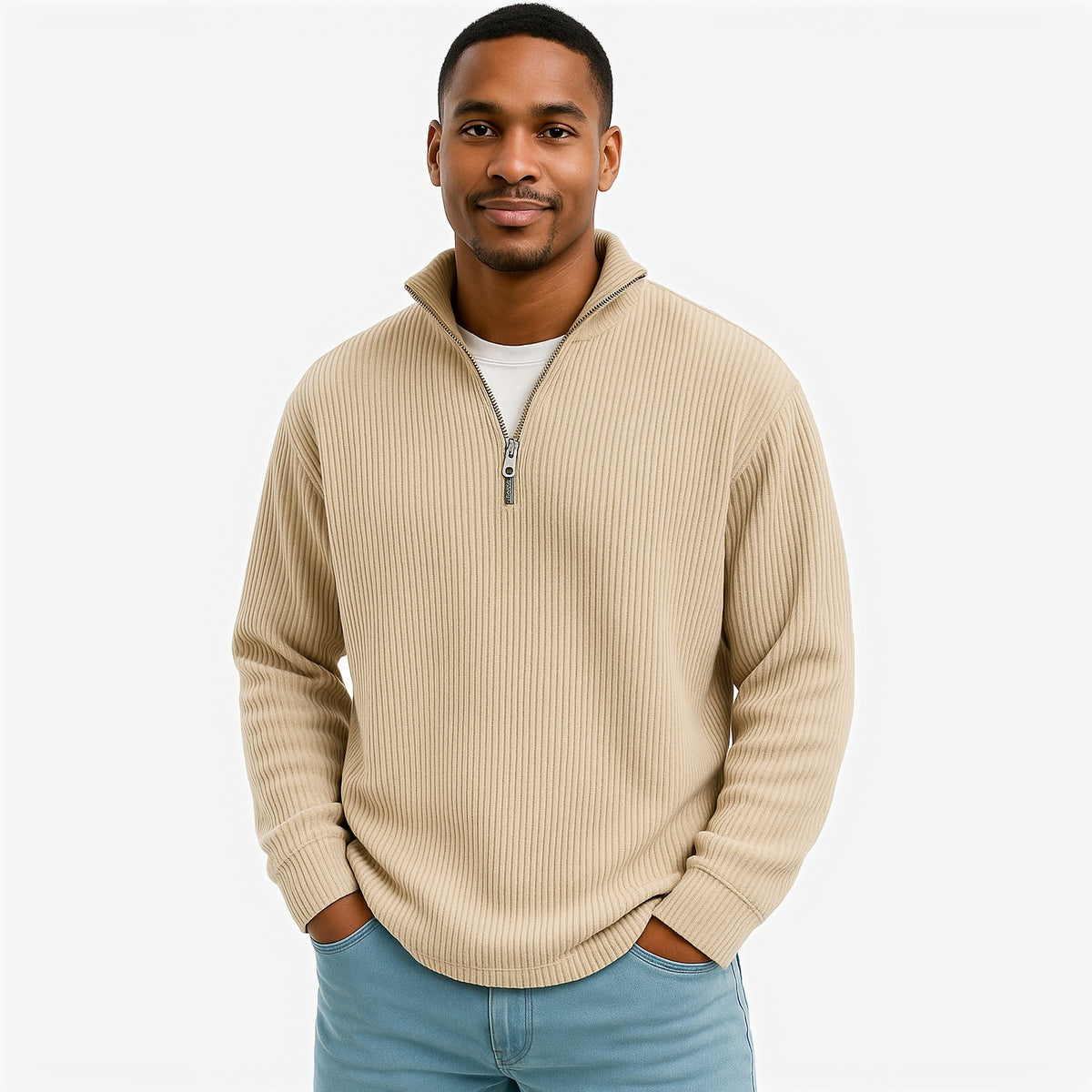Evrey ribbed half-zip jumper in Beige
