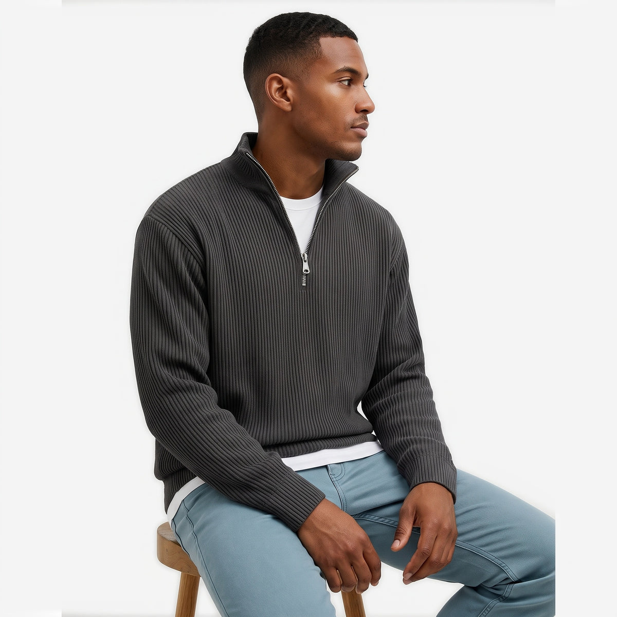 Evrey ribbed half-zip jumper in Black, worn by model