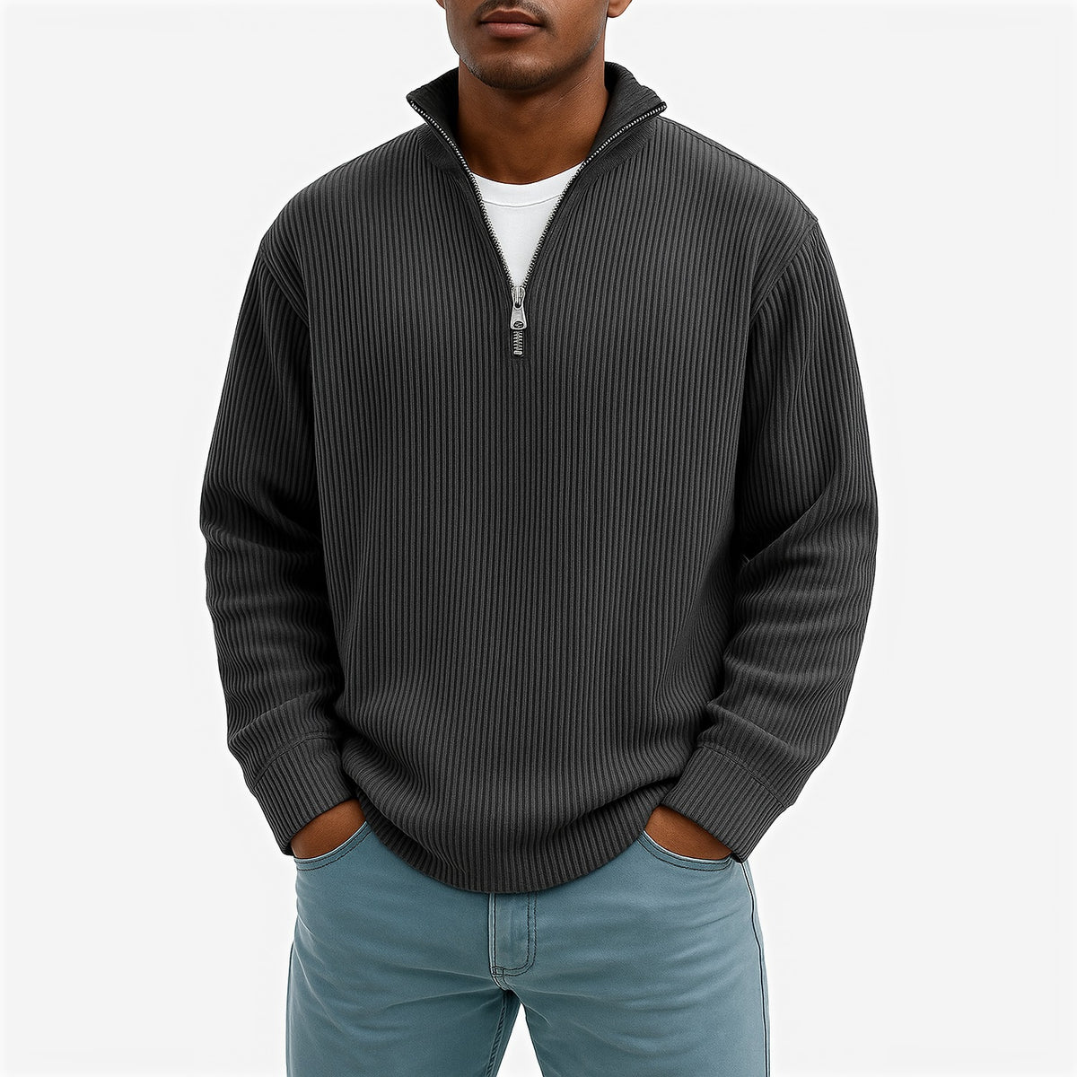 Evrey ribbed half-zip jumper in Black