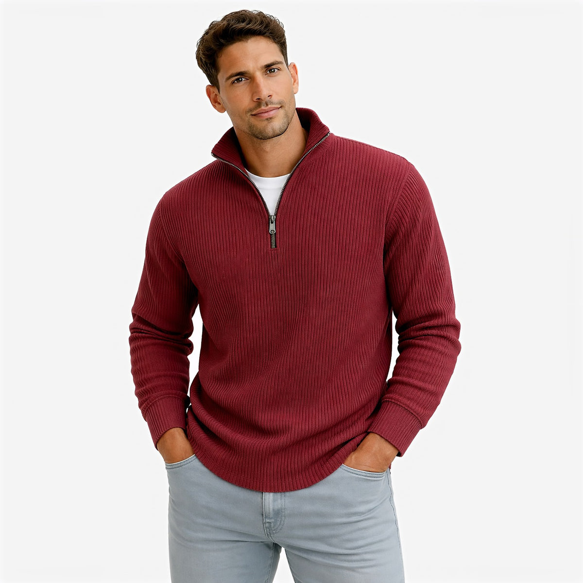 Evrey ribbed half-zip jumper in Brick Red, styled