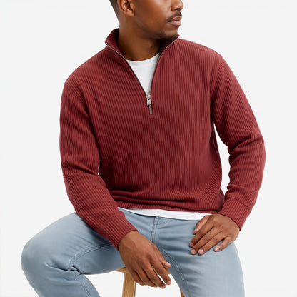 Evrey ribbed half-zip jumper in Brick Red, worn by model