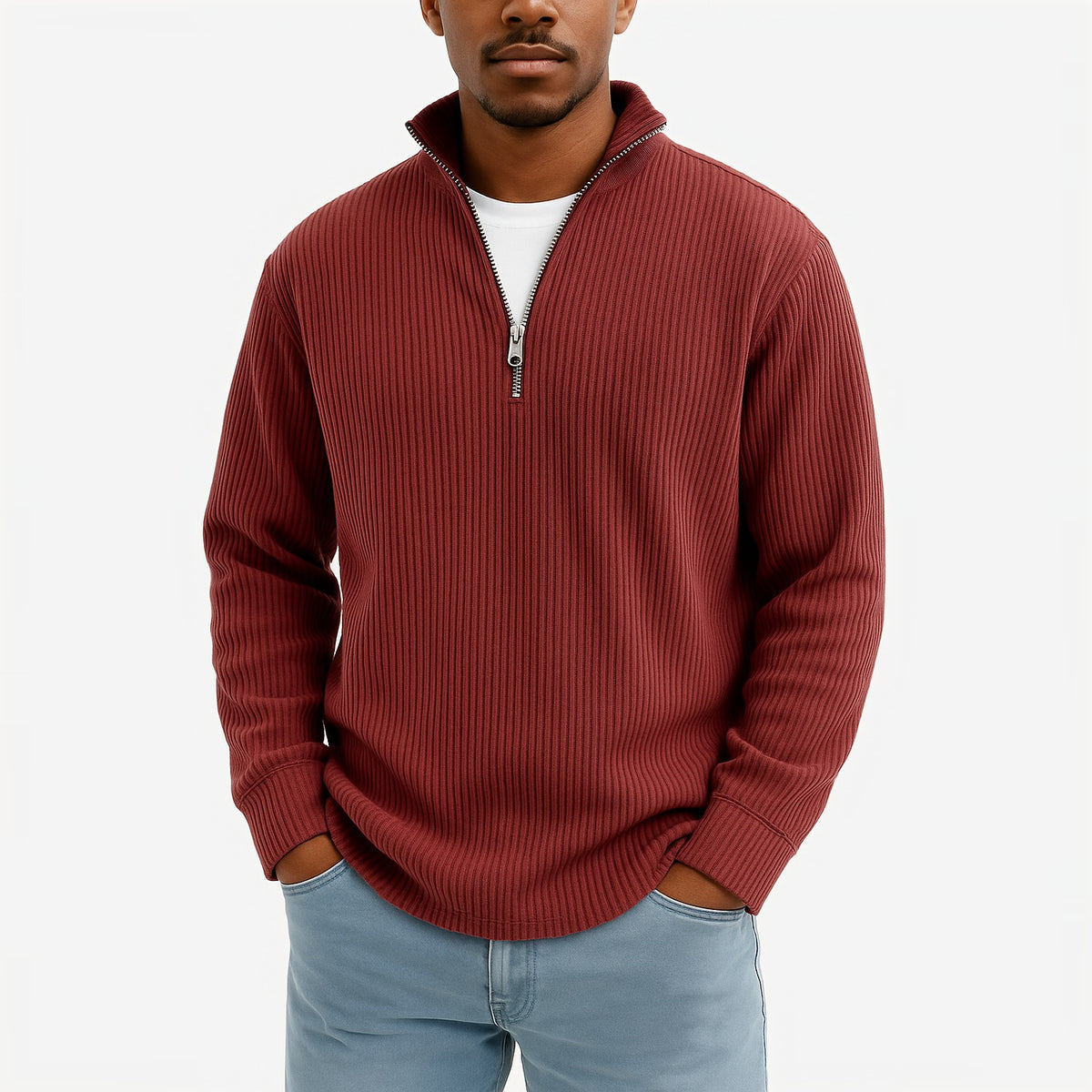 Evrey ribbed half-zip jumper in Brick Red