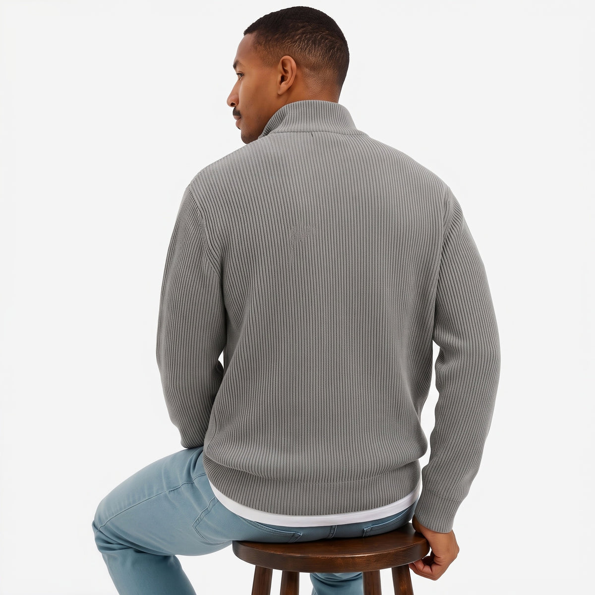 Evrey ribbed half-zip jumper in Grey, worn by model