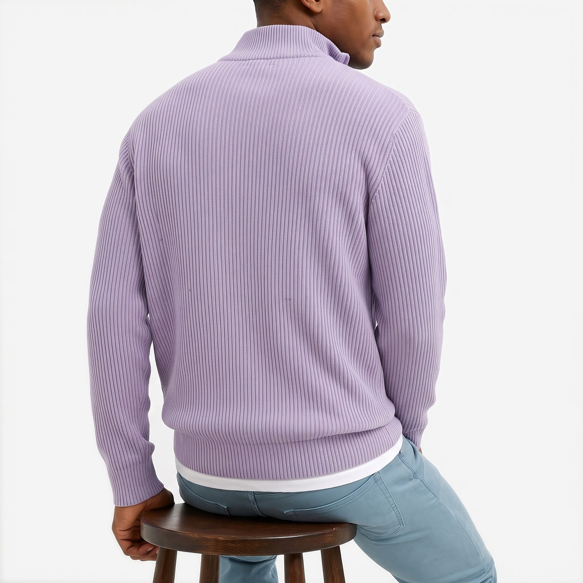 Evrey ribbed half-zip jumper in Mauve, worn by model