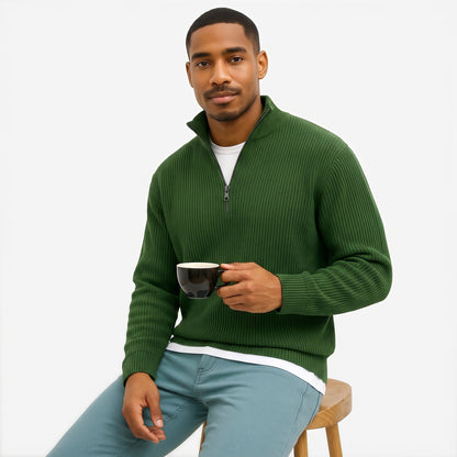 Evrey ribbed half-zip jumper in Military Green, worn by model