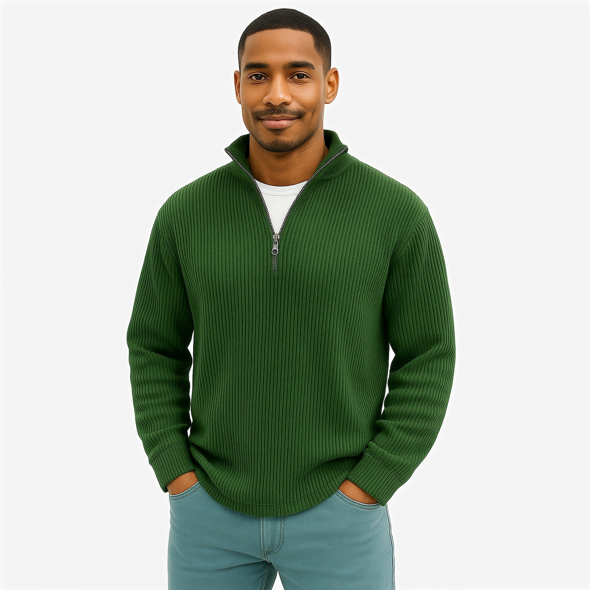 Evrey ribbed half-zip jumper in Military Green