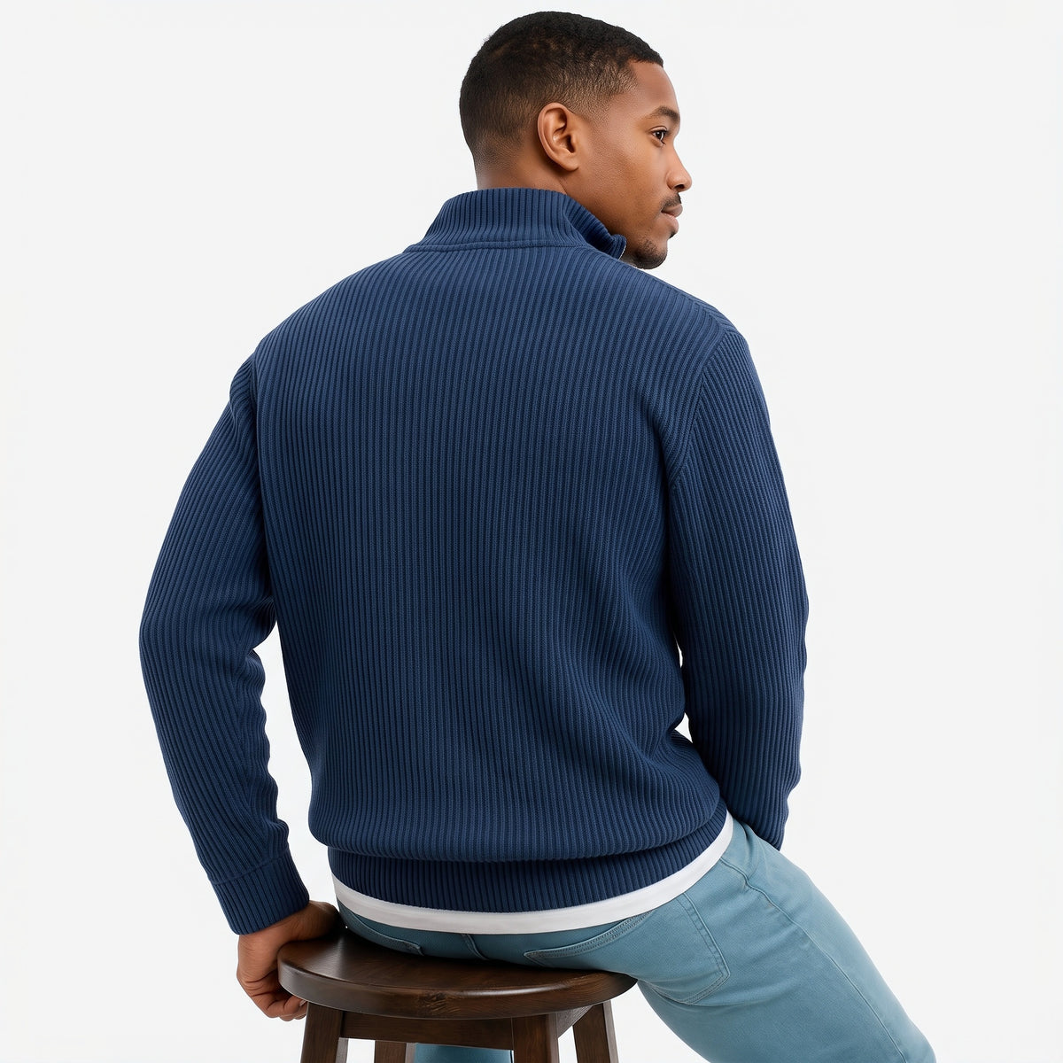Evrey ribbed half-zip jumper in Navy, worn by model