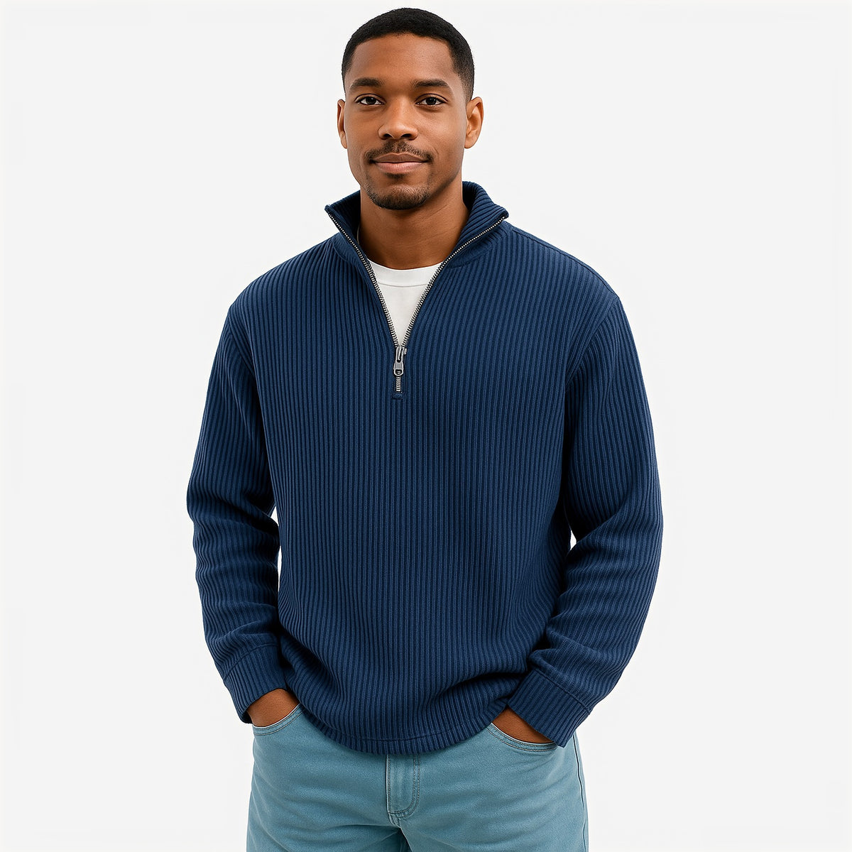 Evrey ribbed half-zip jumper in Navy