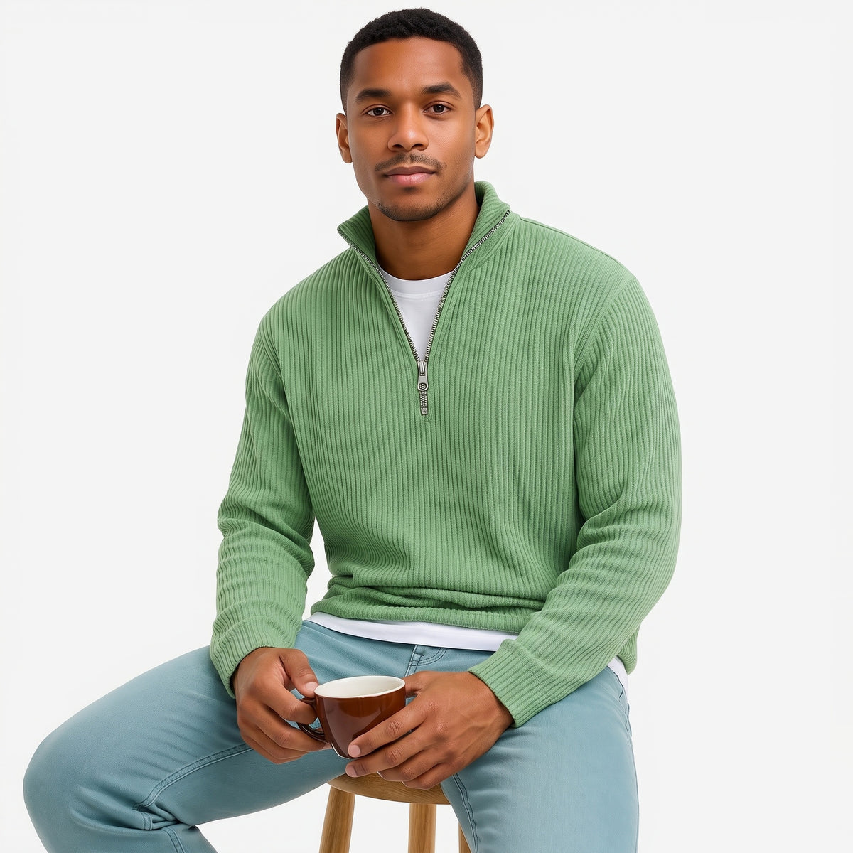 Evrey ribbed half-zip jumper in Sage Green, worn by model
