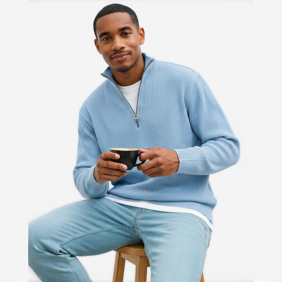 Evrey ribbed half-zip jumper in Sky Blue, worn by model