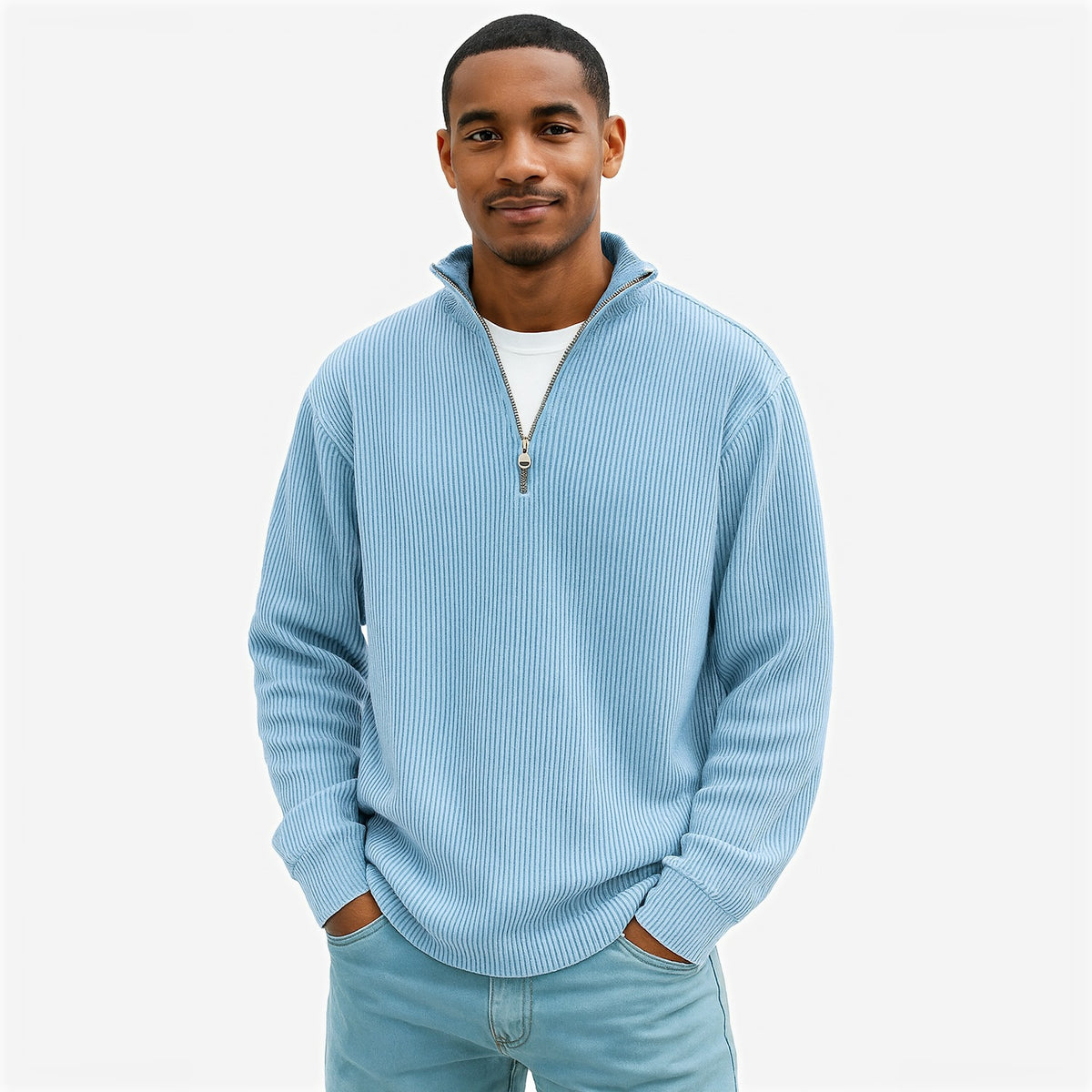 Evrey ribbed half-zip jumper in Sky Blue