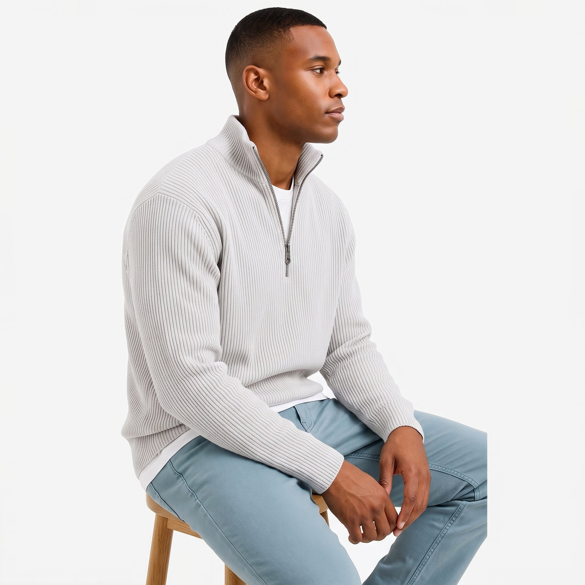 Evrey ribbed half-zip jumper in White, worn by model