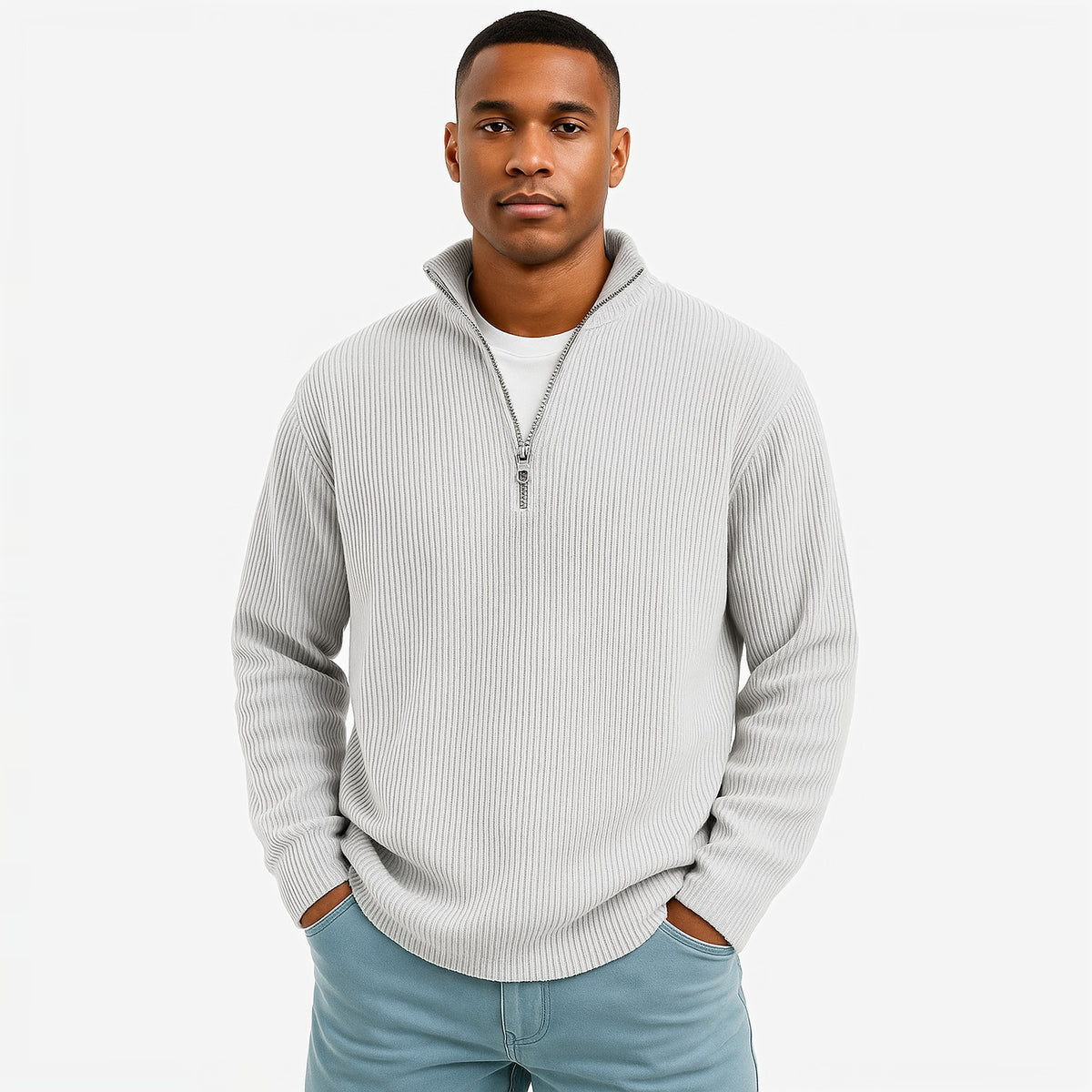 Evrey ribbed half-zip jumper in White