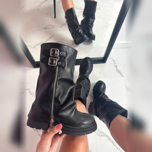 Evrey Zip Boots in black with buckle straps and side zip