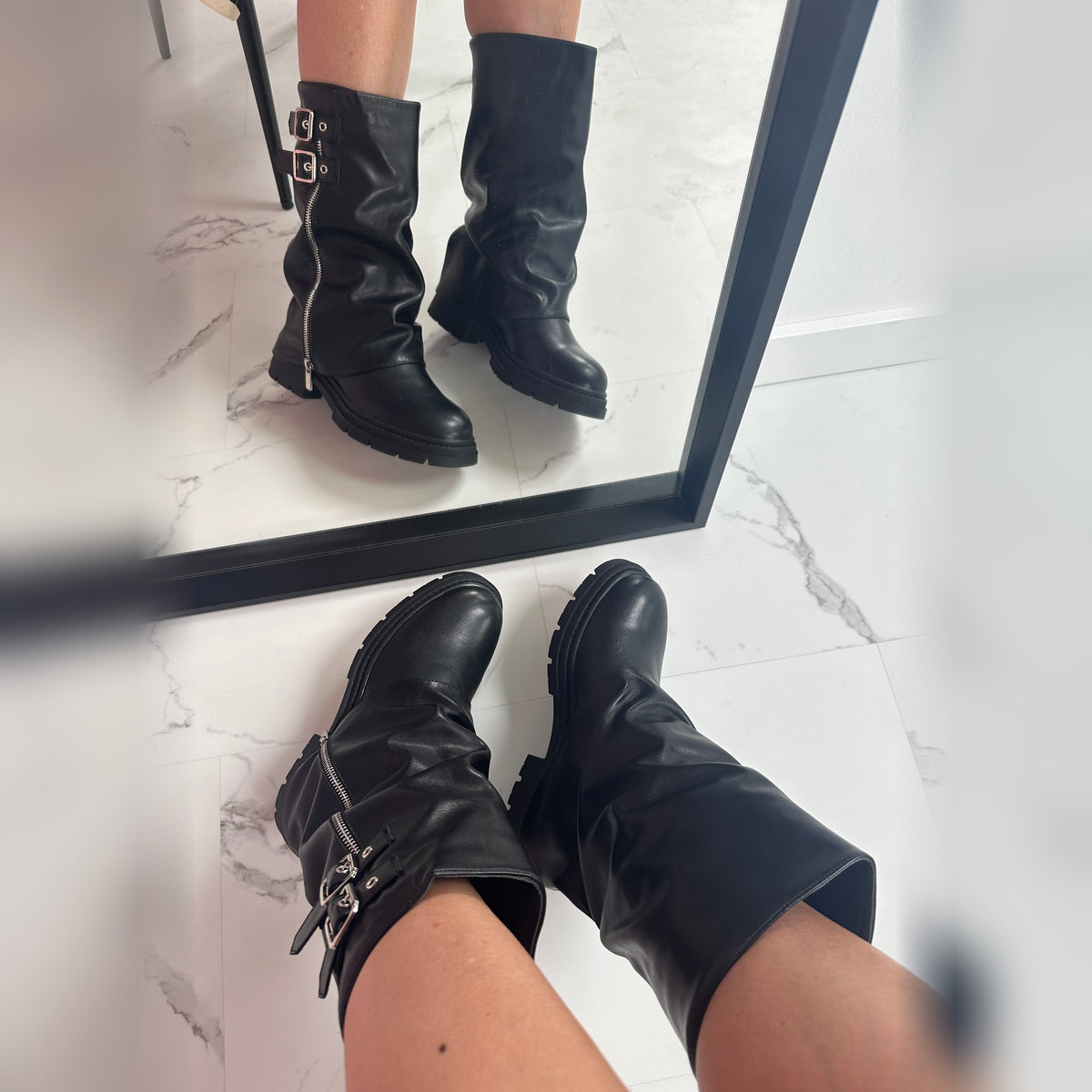 Evrey Zip Boots worn, mirror view
