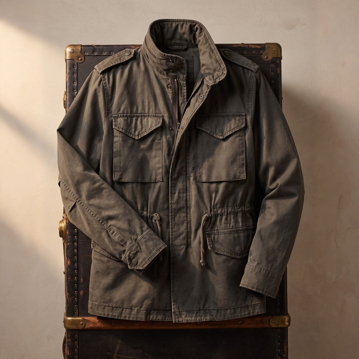 Hadley field jacket displayed on a vintage trunk