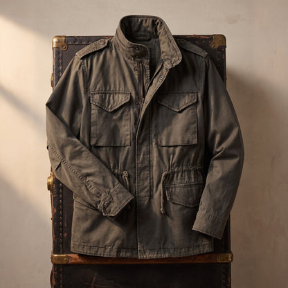 Hadley field jacket displayed on a vintage trunk