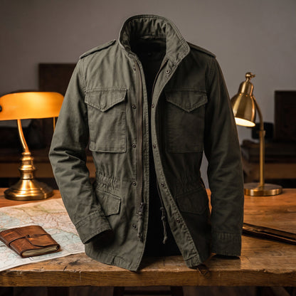 Hadley field jacket on a wooden desk