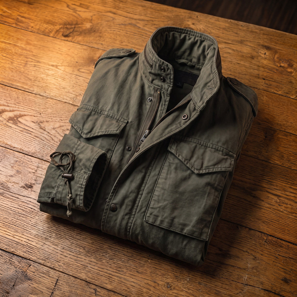 Hadley field jacket folded, collar and chest pocket detail