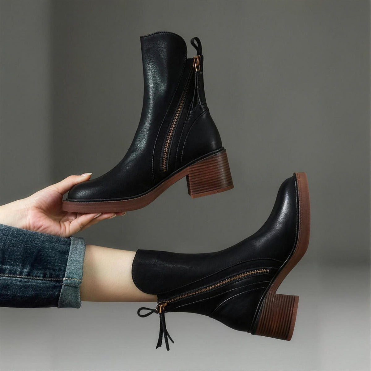 Harlow | Leather Block Heel Ankle Boots
